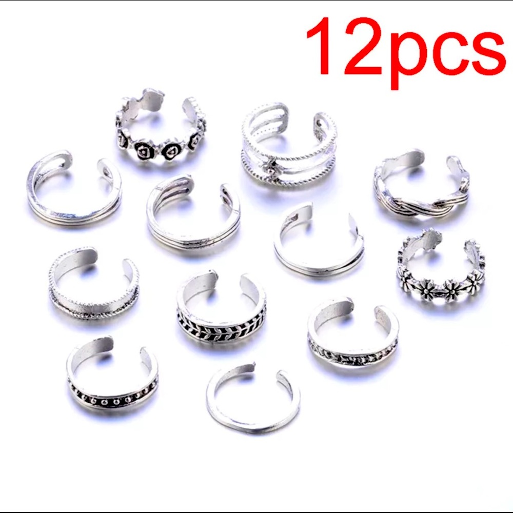 12 pcs Antique Silver Toe Rings